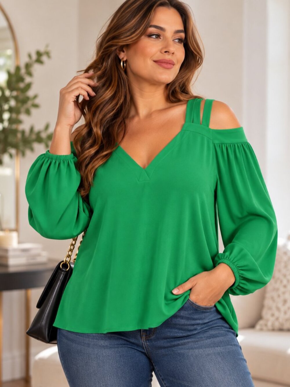 INC International Concepts 1X Green Cold Shoulder V Neck Strap Blouse Plus Size